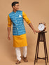 Vastramay Men's Turquoise Ikkat Printed Cotton Nehru Jacket With Mustard Kurta And White Pyjama Set